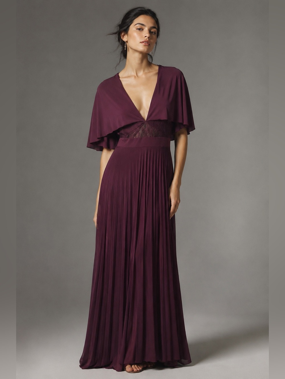 NWT ASOS Premium Maxi Dress US 2 Plum Burgundy Lace Cape Sleeve Pleated
